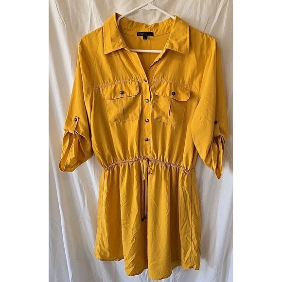 BeBop Dresses & Skirts - Bebop Yellow 3/4 Sleeve Button-Up Dress Elastic Waist Size L Boho Fall Autumn